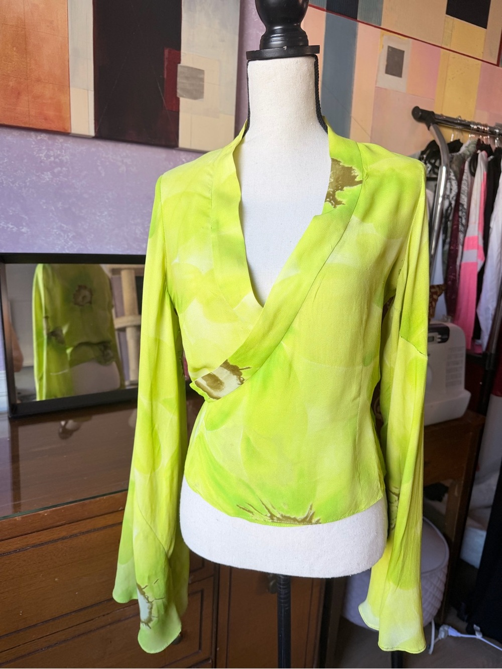 Yellow Green Wrap-Front Blouse with trumpet sleeves